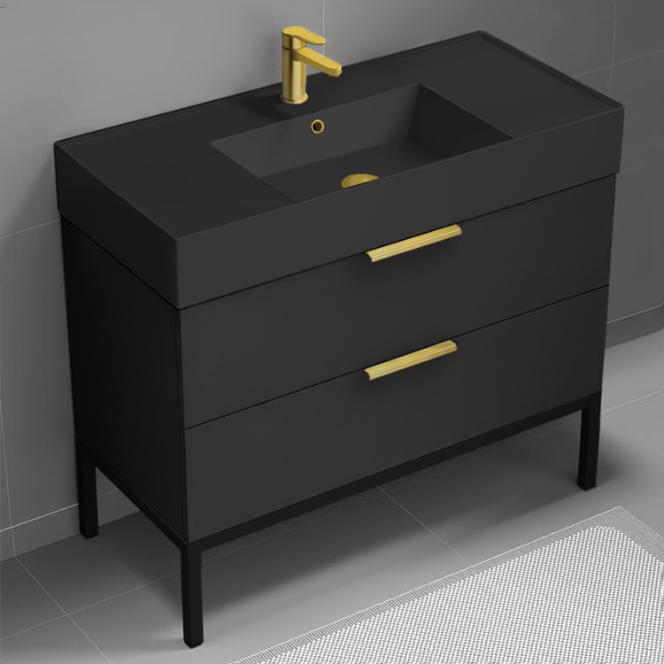 Bathroom Vanity Modern Black Bathroom Vanity, 40 Inch, Gold Handles, Free Standing Nameeks DERIN354